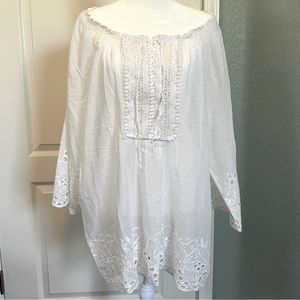 Chico’s Semi-Sheer off-the-shoulder, rouching and crochet details